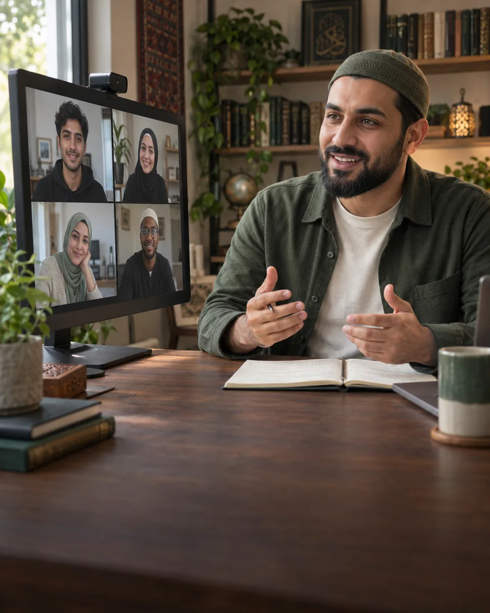 A Muslim teacher leading an online class with learners on a video call.